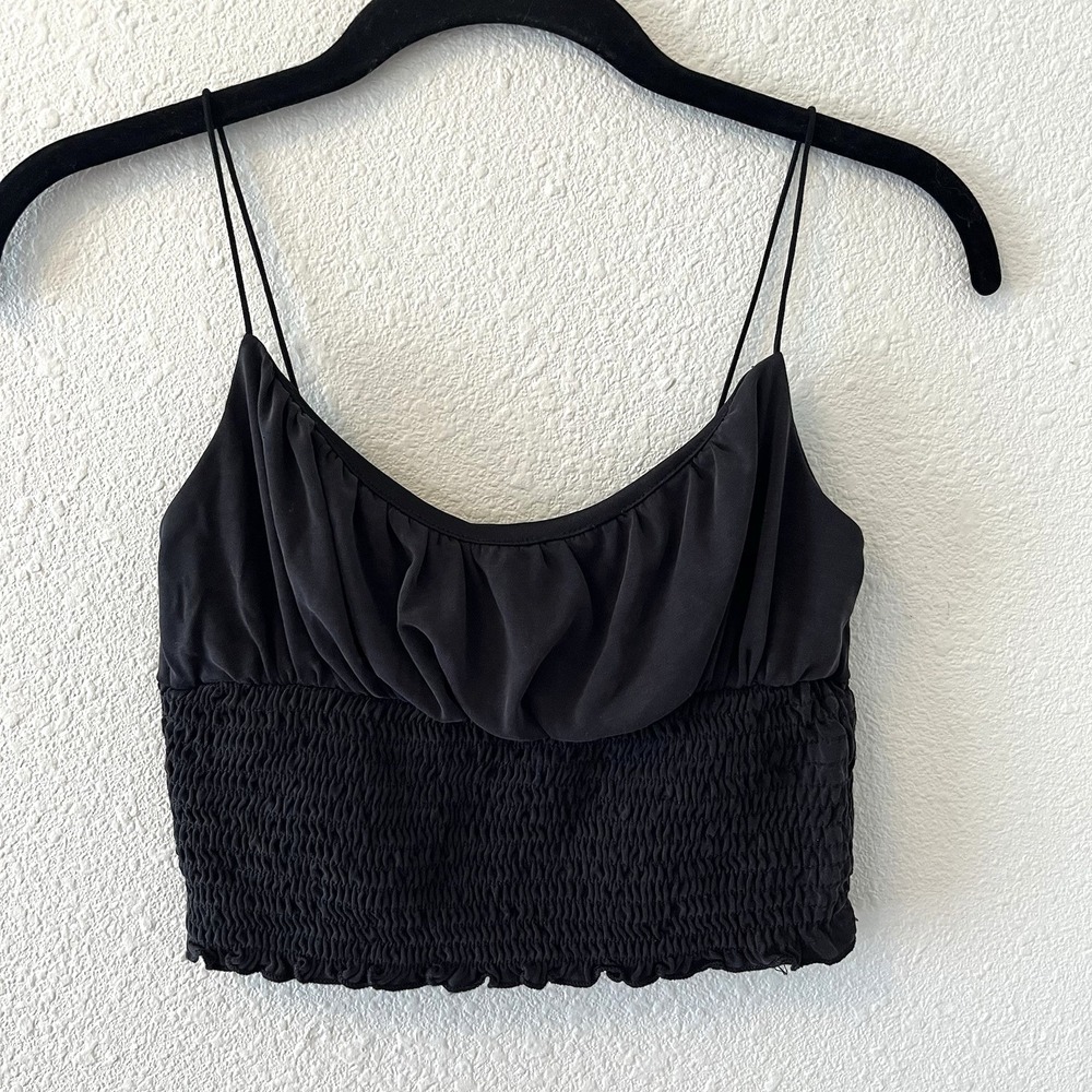 Urban Outfitters Tank Top Small Emma Cupro Smocked Cropped Spaghetti Strap Black